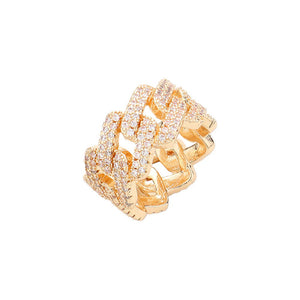 Gold Stone Paved Cuban Chain Band Ring, adorn your fingers with this stunning piece. Created with superior craftsmanship, the ring features a decorative stone inlay on top of a luxurious Cuban chain band. Constructed from a solid metal alloy, the classic and sophisticated style makes it a timeless accessory.