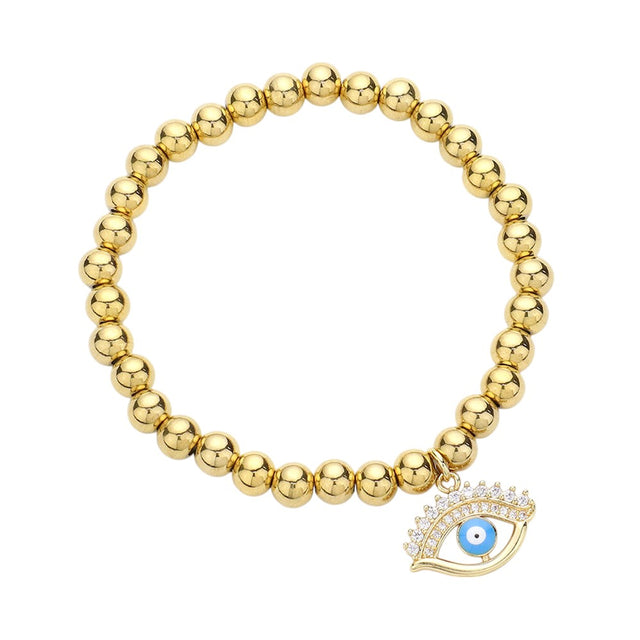 Gold Stone Paved Enamel Evil Eye Charm Stainless Steel Bubble Stretch Bracelet is a stunning and durable piece of jewelry. The eye-catching design features a stone paved enamel evil eye charm, providing both protection and style. Made from stainless steel, this bracelet is also hypoallergenic and resistant to tarnishing.
