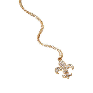 Gold Stone Paved Fleur de Lis Pendant Necklace, is expertly crafted with stunning detail and precision. The intricate fleur de lis design is adorned with shimmering stones, making it a beautiful and elegant accessory for any occasion. Its eye-catching design makes this necklace a must-have addition to any jewelry collection