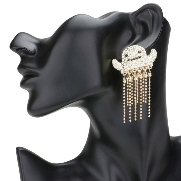 Gold-Stone Paved Ghost Rhinestone Fringe Earrings, The sparkling rhinestones and fringe design add a touch of glamour to any look. Made with high-quality materials, these earrings are durable and eye-catching. Perfect for any occasion, these earrings are a must-have in your jewelry collection.