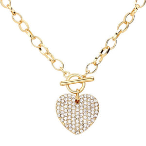 Gold Stone Paved Heart Pendant Metal Toggle Jewelry Set, is a timeless and elegant addition to any jewelry collection. Made with high-quality materials, this set features a stunning stone paved heart pendant and a metal toggle closure for easy and secure wear. Elevate any outfit with this versatile and classic set.