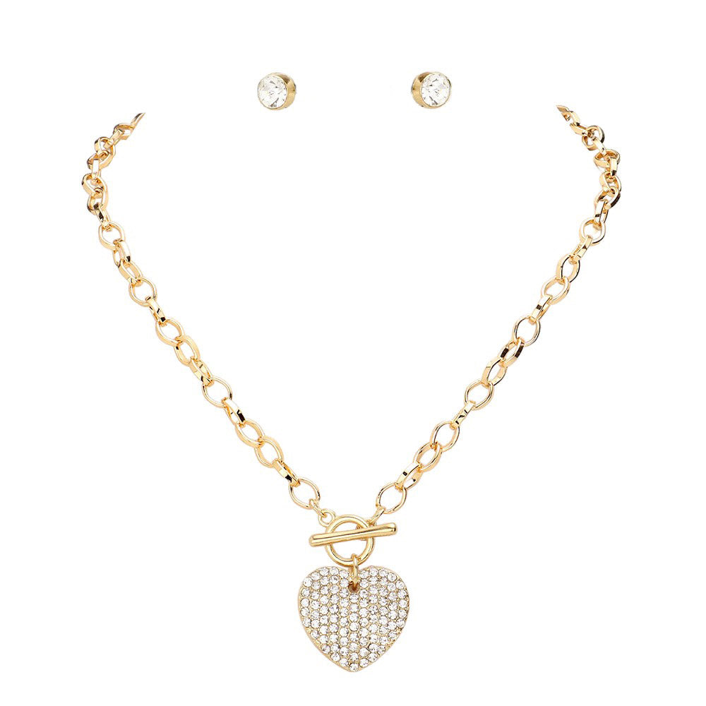 Gold Stone Paved Heart Pendant Metal Toggle Jewelry Set, is a timeless and elegant addition to any jewelry collection. Made with high-quality materials, this set features a stunning stone paved heart pendant and a metal toggle closure for easy and secure wear. Elevate any outfit with this versatile and classic set.