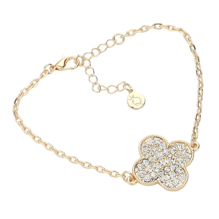 Gold-Stone Paved Quatrefoil Pointed Bracelet adds a touch of sophistication and elegance to any outfit. Crafted with beautiful stone detailing, this bracelet is expertly designed for a timeless and luxurious look. Perfect for any occasion, this bracelet is a must-have accessory for any fashion-forward individual.