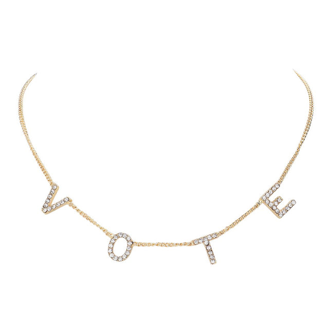 Gold Stone Paved VOTE Initial Message Station Necklace is a must-have for any politically motivated individual. Featuring a bold VOTE initial message, the necklace is adorned with sparkling stones, making it a beautiful statement piece. Show your support for your beliefs with this elegant and meaningful necklace.