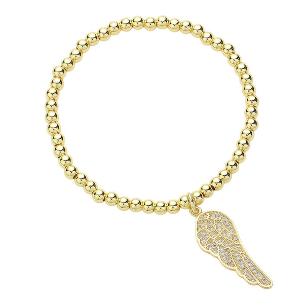Gold Stone Paved Wing Charm Stainless Steel Beaded Stretch Bracelet is a stylish and durable accessory. The stones add a touch of elegance, while the stainless steel beads provide durability and a sleek look. The stretch feature allows for a comfortable and easy fit. Elevate any outfit with this versatile and high-quality bracelet.