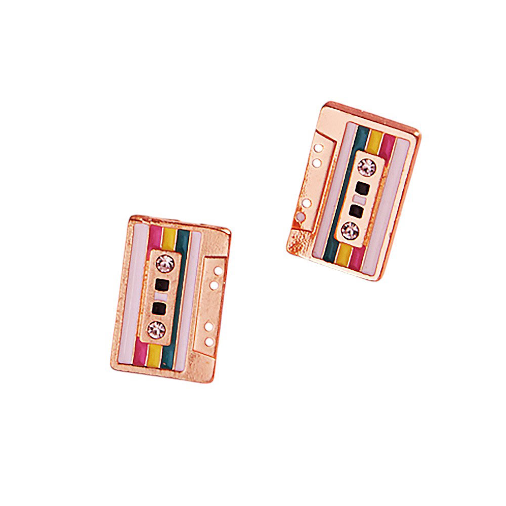 Gold-Stone Pointed Enamel Cassette Tape Stud Earrings, Perfect accessory for any music lover. Made with high-quality enamel and a pointed stone design, these earrings add a pop of color and unique style to any outfit. Show off your love for music with these stylish and eye-catching earrings. perfect gift for your lovers.