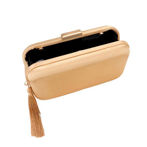 Gold Tassel Pointed Solid Clutch Crossbody Bag, Give your style a playful twist with this! Featuring a unique pointed shape and eye-catching tassel accents, this bag is perfect for adding a touch of quirkiness to any outfit. Stay organized and stylish with this fun and functional accessory.
