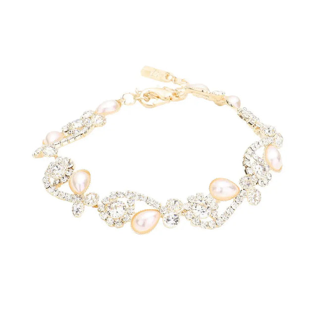 Gold Teardrop Pearl Detail Rhinestone Pave Floral Evening Bracelet, put on a pop of color to complete your ensemble. Perfect for adding just the right amount of shimmer & shine and a touch of class to special events. Perfect Birthday Gift, Anniversary Gift, Mother's Day Gift, Graduation Gift, Valentine’s Gift.