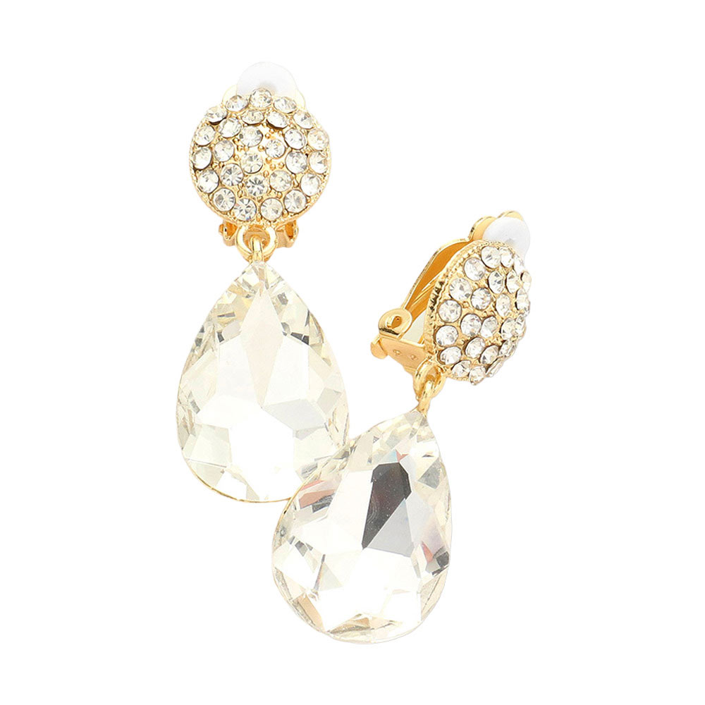 Gold Teardrop Stone Dangle Evening Clip On Earrings, bring shimmer and sophistication to any look. These earrings are sure to eye-catching element to any outfit. These classy evening earrings are perfect for parties, weddings, and evenings. Awesome gift for birthdays, anniversaries, Valentine’s Day, or any occasion.