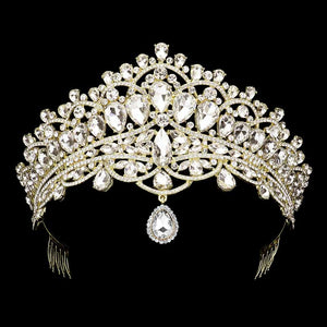 Gold Teardrop Stone Pointed Princess Tiara, Crafted from quality materials, it  features exquisite teardrop gems, rounded points, and an adjustable setting for a secure and comfortable fit. Perfect for a special occasion, this tiara will add a touch of glamour to any look. Ideal Gift for loved ones on any special day. 