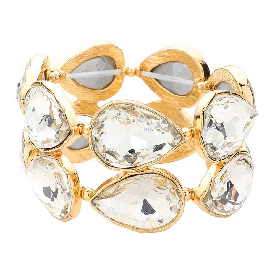 Gold Teardrop Stone Stretch Evening Bracelet, Look elegant for your evening events in this. Crafted with a stunning teardrop stone and flexible, stretchable cord, this bracelet is sure to make a statement. Its delicate design and convenience make it the ideal accent piece for both casual and formal events.