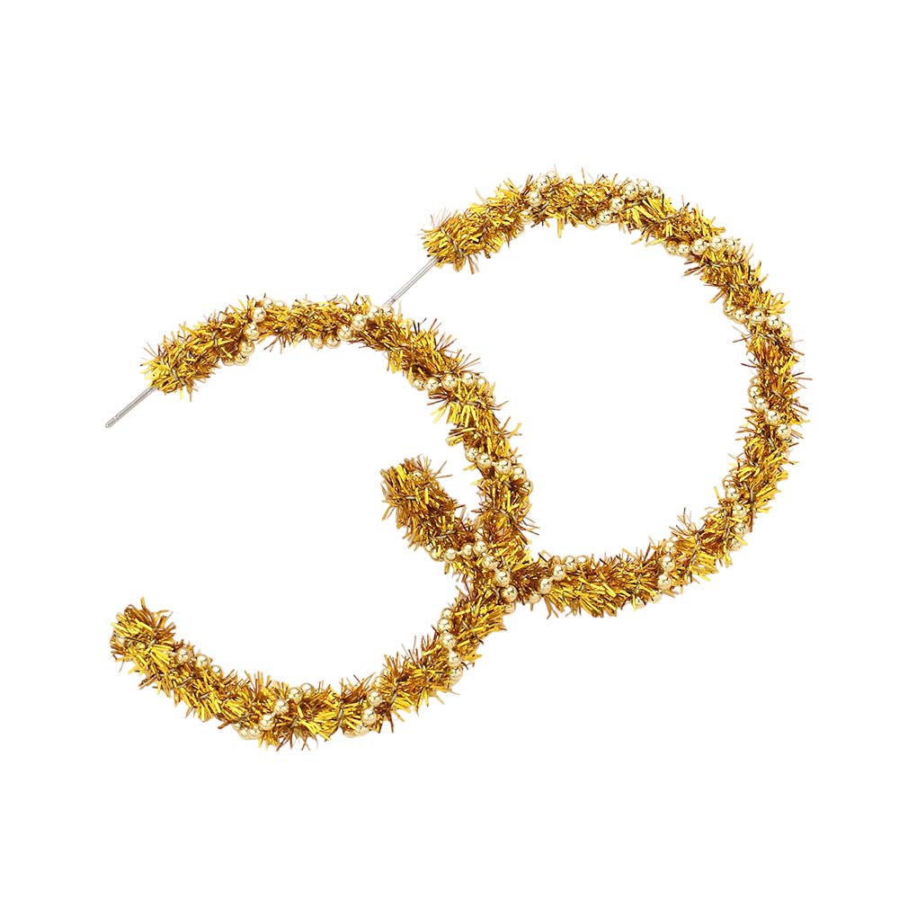 Gold Tinsel Hoop Earrings, these stylish earrings are crafted from lightweight metal and feature a unique textured design. These hoop earrings are the perfect festive accessory to spruce up any outfit this Christmas. Perfect Birthday Gift, Anniversary Gift, Mother's Day Gift, Prom Jewelry, Thank you Gift.