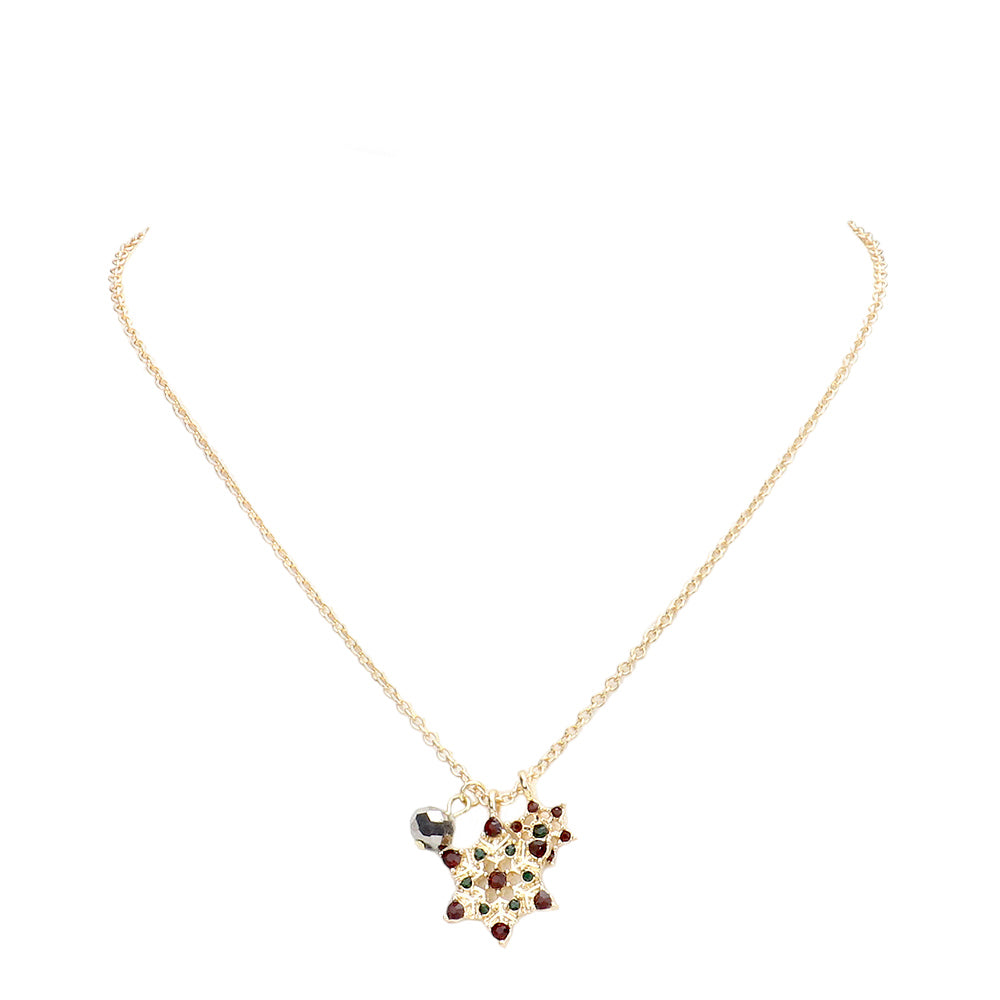 Gold Trendy Stone Embellished Snowflake Pendant Necklace, is beautifully designed with a snowflake theme that will make a glowing touch on everyone. Fabulous fashion and sleek style add a pop of pretty color to your attire. Perfect gift accessory for especially Christmas to your friends, family, and the persons you love.