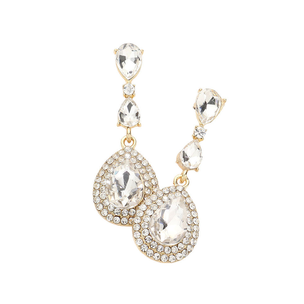 Gold Triple Teardrop Stone Link Dangle Evening Earrings, these fine evening earrings supply classic sophistication and beautiful detail with their triple teardrop stone link dangle design. These earrings are sure to eye-catching element to any outfit. Awesome gift for birthdays, anniversaries, wives, friends, and mothers.