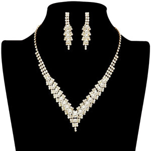 Gold V-Neck Collar Rhinestone Necklace, Adorn yourself with this eye-catching V-Neck Collar Rhinestone Necklace set. The elegant design features a delicate pattern of rhinestones that adds a touch of sparkle and shine to any outfit. Subtle yet stunning, this jewelry set is perfect for special occasions or everyday wear.