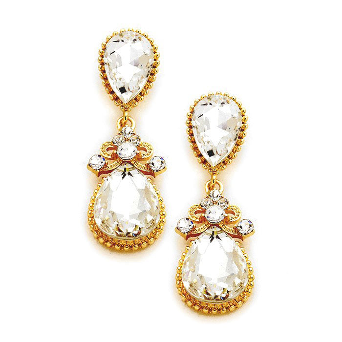 Gold Victorian Teardrop Crystal Rhinestone Evening Earrings. Elevate your evening elegance with these Earrings. Crafted with exquisite detail, these timeless accessories sparkle with vintage charm. Perfect for adding a touch of sophistication to any special occasion outfit.
