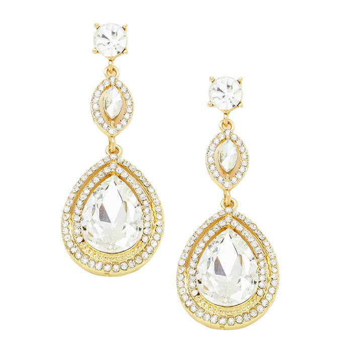 Gold Victorian Teardrop Halo Crystal Evening Earrings, Classic, Elegant Vi Victorian Teardrop Crystal Rhinestone Evening Earrings, Special Occasion, ideal for parties, events, and holidays, pair these stud earrings with any ensemble for a polished look. Adds a sophisticated & stylish glow to any outfit.