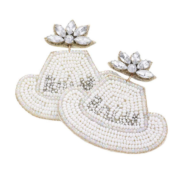 Gold White Bridal Message Beaded Cowboy Hat Earrings, the beautifully crafted design adds a gorgeous glow to any outfit. These beautifully unique designed earrings with beautiful colors are suitable as gifts for Brides. An excellent choice for wearing at weddings, Bridal Shower, or any meaningful occasion.