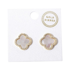 Gold White Gold Dipped Quatrefoil Stud Earrings, feature a quatrefoil pattern, crafted from gold-dipped lead & nickel compliant and secured with post backings. Showcase your refined style with these versatile earrings and dress up any outfit for any occasion. Nice and cute gift for your family members, friends, or loved ones.