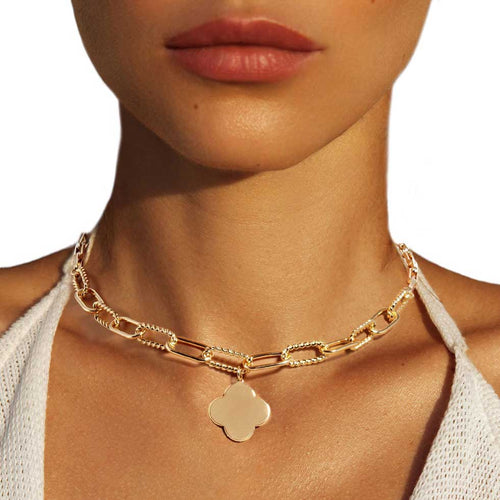 Collar con colgante de trébol bañado en oro blanco - Oro