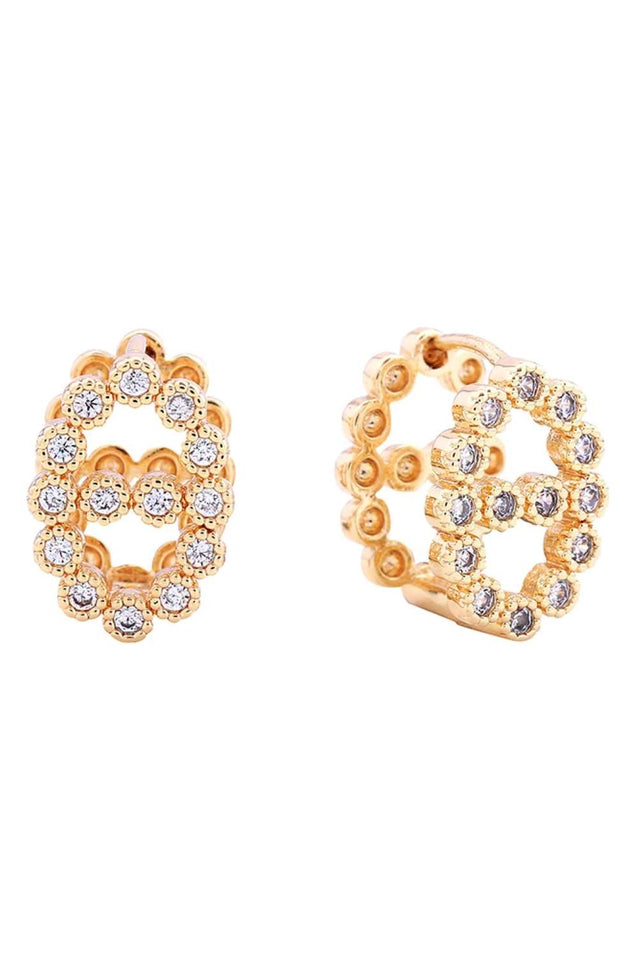 Gold Elevate your everyday look with these stunning 14K Bling Farandole Pave CZ Huggie Earrings. Crafted from hypoallergenic brass and adorned with sparkling cubic zirconia pavé detailing, these versatile huggie earrings deliver maximum shine in a compact 1.5cm diameter design. Perfect for sensitive ears, they're lead and nickel compliant for worry-free wear. Whether you're dressing up or keeping it casual, these brilliant beauties add instant glamour to any occasion.