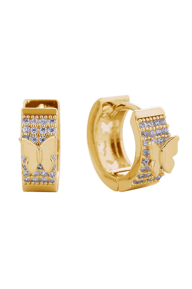 Gold Elegant butterfly earrings featuring 14K gold and white gold dipping over brass bases, embellished with brilliant cubic zirconia pavé stones. At just 1.5cm, these petite studs offer understated sophistication. Hypoallergenic construction makes them ideal for sensitive ears, while lead and nickel compliance ensures safe, worry-free wear. Expertly crafted in Korea, they're a versatile addition to any jewelry collection.