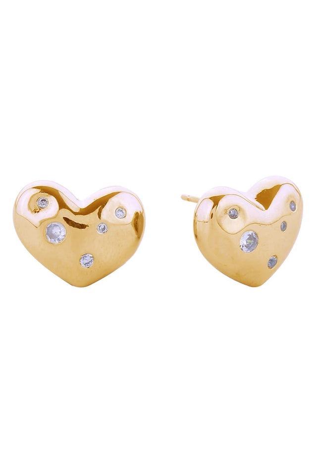 Gold Elegant heart-shaped post earrings crafted in brass with a luxurious 14K gold or white gold dip finish. Each earring features sparkling cubic zirconia pavé detailing for a sophisticated, eye-catching look. Measuring 1.5cm in diameter, these hypoallergenic studs are perfect for sensitive ears and comply with lead and nickel safety standards. Expertly made in Korea, they're an ideal everyday accessory or thoughtful gift.