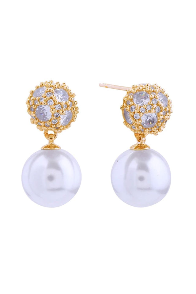 Gold Elegant pearl drop earrings featuring a sparkling cubic zirconia top, dipped in lustrous 14K gold or white gold plating. Crafted from hypoallergenic brass with a 2.5cm diameter, these earrings combine timeless sophistication with everyday wearability. Lead and nickel compliant for sensitive skin. Made in Korea with meticulous attention to detail, perfect for adding a touch of refined glamour to any occasion.