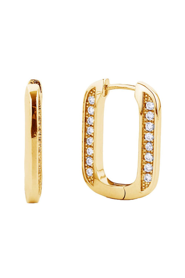 Gold Elegant huggie hoops featuring a lustrous 14K gold and white dip finish, adorned with sparkling cubic zirconia pavé detailing. Crafted from hypoallergenic brass, these earrings are perfect for sensitive skin. With a comfortable 2.03cm diameter, they offer a timeless look that transitions seamlessly from day to night. Lead and nickel compliant for safe, worry-free wear.