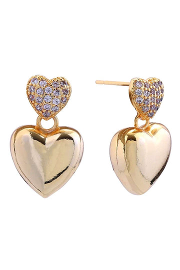 Gold Elegant double heart design with sparkling cubic zirconia pavé detailing, dipped in 14K gold and white finishes. Crafted from hypoallergenic brass, these 1.8cm post earrings are perfect for sensitive skin. Lead and nickel compliant for safe, everyday wear. A timeless addition to any jewelry collection.