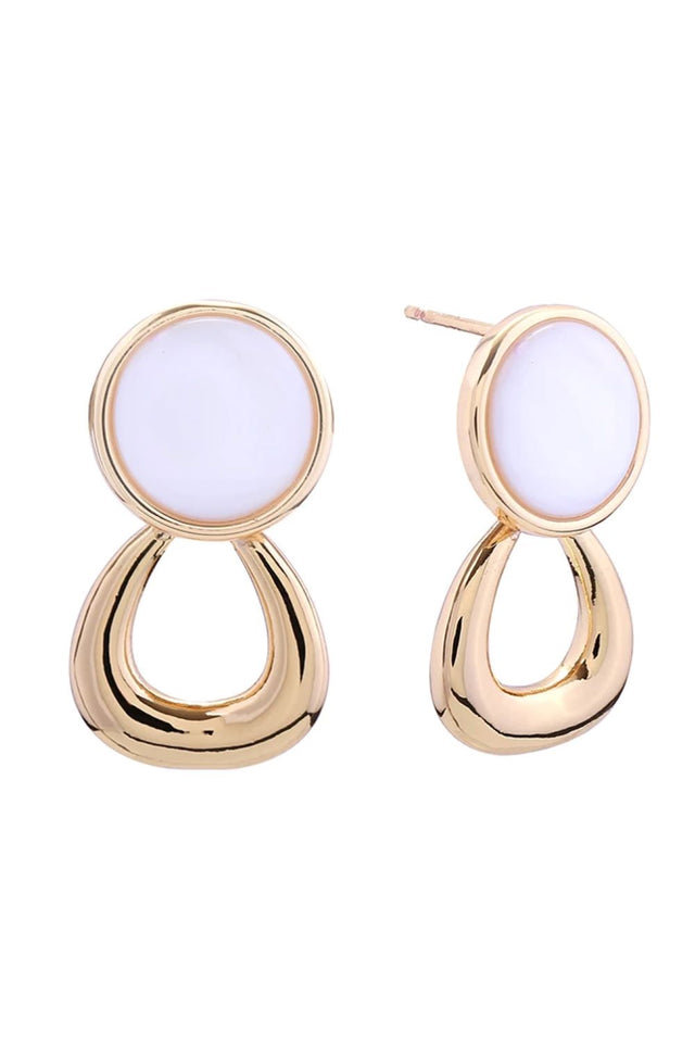 Gold Elegant duo button drop post earrings crafted in brass with white-abalone shell accents, dipped in 14K gold and white gold plating. Each earring features a 2.5cm diameter design that catches light beautifully. Hypoallergenic posts ensure comfortable all-day wear, while lead and nickel compliance guarantees safety and peace of mind. Expertly made in Korea, these versatile earrings transition seamlessly from casual to formal occasions. A timeless addition to any jewelry collection.
