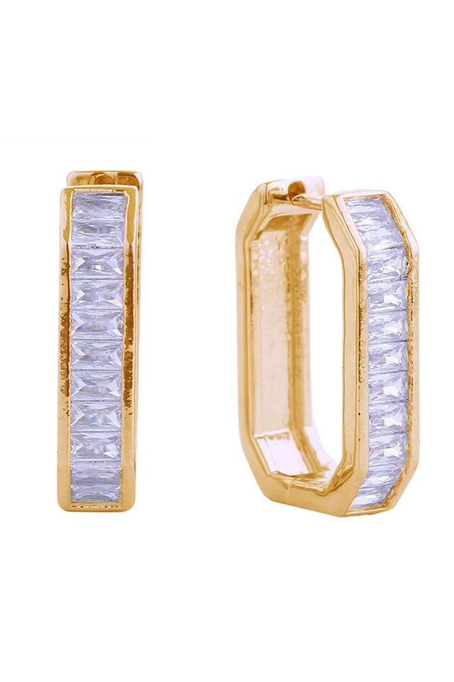 Gold Elevate your everyday elegance with these stunning 14K Gold/White Gold Dipped Huggie Earrings. Featuring a luxurious emerald center stone surrounded by sparkling cubic zirconia pavé detailing, these versatile beauties work seamlessly from day to night. Crafted from hypoallergenic brass with a premium gold dip finish, they're gentle on sensitive ears while delivering maximum sparkle. At 2.4cm in diameter, the perfect size for a subtle yet sophisticated statement.