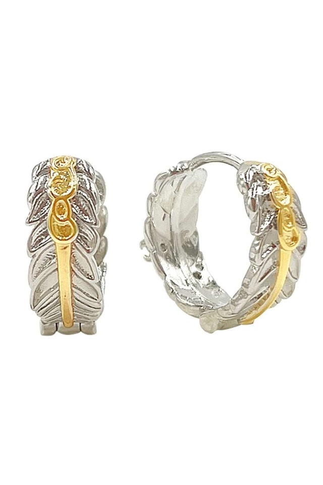 Gold Delicate feather-shaped huggie earrings crafted in brass with 14K gold and white dipping. These hypoallergenic earrings feature a petite 1.5cm diameter, perfect for everyday elegance. Lead and nickel compliant, they're designed for sensitive ears without compromising on style. The lightweight design makes them comfortable for all-day wear, while the timeless feather motif adds a touch of nature-inspired sophistication to any look.
