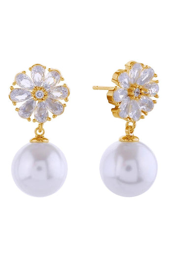 Gold Elegant post earrings featuring delicate flower-shaped crystal tops paired with lustrous pearl accents. Crafted from hypoallergenic brass with 14K gold or white gold dipping for a luxurious finish. Each earring measures 2.4cm in diameter, offering a refined yet noticeable presence. Set with cubic zirconia stones that catch the light beautifully. Lead and nickel compliant for sensitive skin. Expertly made in Korea, these versatile pieces transition seamlessly from everyday wear to special occasions.