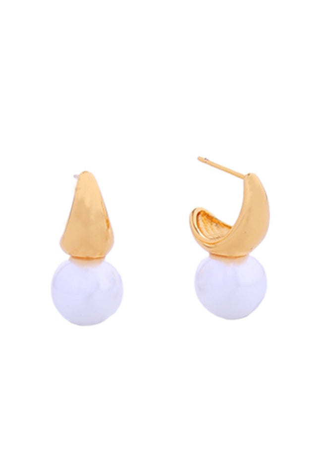 Gold Elegant crescent moon post earrings featuring lustrous white pearls with 14K gold dipping. Crafted from hypoallergenic brass, these delicate studs are perfect for everyday wear and sensitive ears. Each earring measures 1.5cm in diameter, offering a subtle yet sophisticated look. Lead and nickel compliant for peace of mind. A timeless addition to any jewelry collection.
