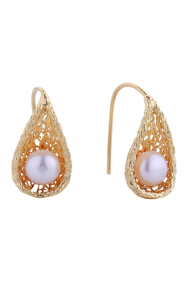 Gold Elegant gourd-shaped pearl post earrings with a lustrous 14K gold and white dip finish. Crafted from hypoallergenic brass with genuine pearls, these 2.1cm diameter earrings offer timeless sophistication for sensitive ears. Lead and nickel compliant for safe, comfortable everyday wear. A refined addition to any jewelry collection.
