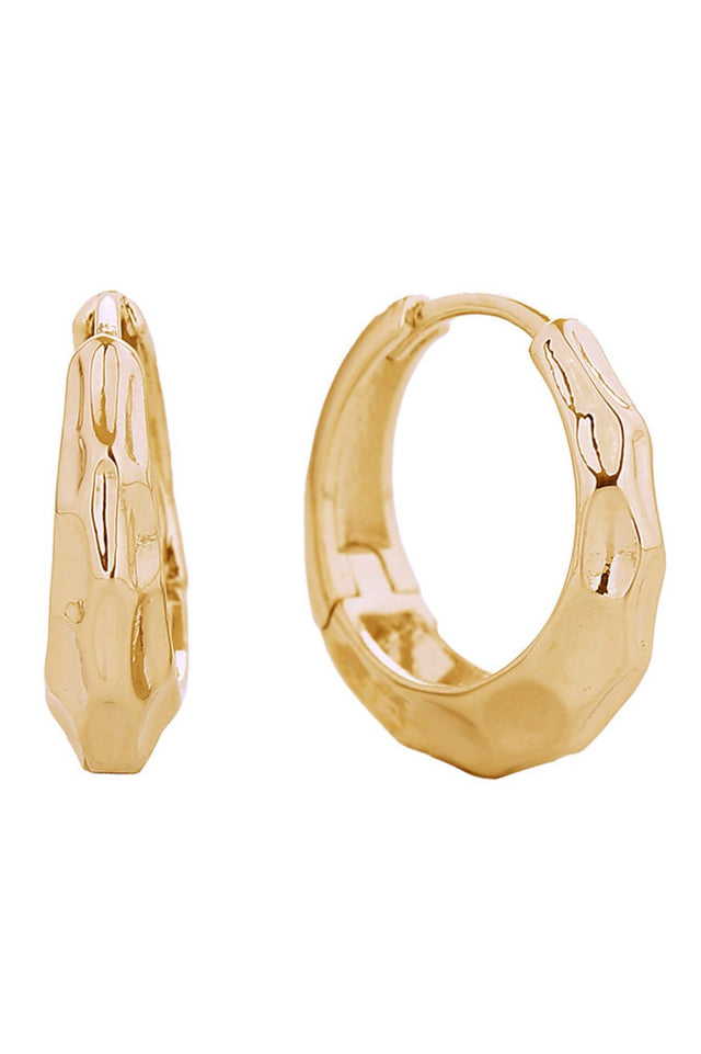 Gold Delicate yet striking, these 14K gold and white gold dipped hammered hoop huggie earrings offer timeless elegance in a compact 1.8cm size. Crafted from hypoallergenic brass, they're perfect for sensitive ears and comply with lead and nickel safety standards. The textured hammered finish adds dimension and sophistication to any look. Made in Korea with quality craftsmanship, these versatile huggie earrings transition seamlessly from everyday wear to special occasions.