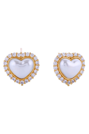 Gold Elegant heart-shaped post earrings featuring lustrous pearls accented with sparkling cubic zirconia pavé detailing. Crafted from hypoallergenic brass with 14K gold or white gold dipping for a luxurious finish. Measuring 1.8cm in diameter, these versatile studs complement any occasion. Lead and nickel compliant for sensitive skin. Made in Korea with quality craftsmanship.