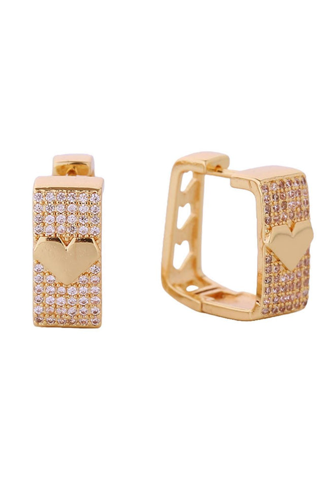 Gold Elegant heart-in-square huggie earrings crafted in 14K gold or white gold-dipped brass with sparkling cubic zirconia accents. Measuring 1.7cm, these petite hoops offer a delicate yet striking design perfect for everyday wear or special occasions. Hypoallergenic construction ensures comfort for sensitive ears. Lead and nickel compliant for peace of mind. Expertly made in Korea with attention to quality craftsmanship.