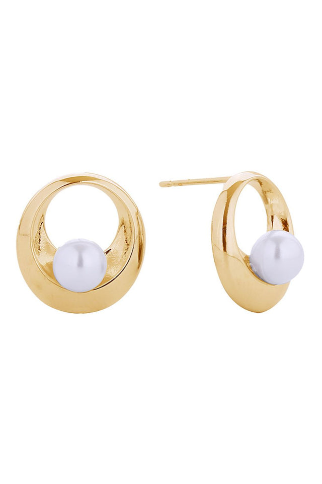 Elegant pearl post earrings featuring a lustrous inner circle design with 14K gold or white gold dipped finishes. Crafted from hypoallergenic brass with a pearl accent, these delicate studs measure 1.7cm and are lead and nickel compliant for sensitive skin. Made in Korea with quality craftsmanship, they're the perfect everyday accessory or thoughtful gift.