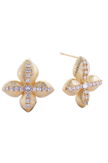 Gold Elegant lucky clover post earrings crafted in 14K gold and white dipped brass with sparkling cubic zirconia pavé detailing. Each earring measures 2.6cm in diameter, making them a delicate yet eye-catching addition to any jewelry collection. Hypoallergenic construction ensures comfortable all-day wear, while lead and nickel compliance guarantees safety and peace of mind. Perfect for everyday elegance or special occasions.