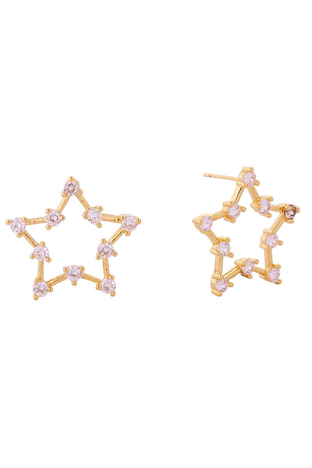 Gold Delicate open star post earrings crafted in brass with 14K gold and white gold dipping. Features sparkling cubic zirconia accents for subtle glamour. Measuring 2.4cm, these hypoallergenic studs are perfect for sensitive ears. Lead and nickel compliant for safe, everyday wear. Expertly made in Korea.