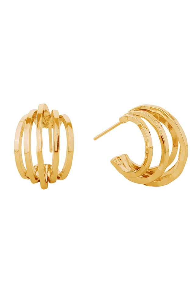 Gold Elegant quintuple circle post earrings crafted in brass with 14K gold and white gold dipping. Measuring 2.1cm in diameter, these geometric studs offer a modern, layered aesthetic perfect for everyday wear or special occasions. Hypoallergenic design ensures comfort for sensitive ears. Lead and nickel compliant for peace of mind. Expertly made in Korea with attention to quality craftsmanship.
