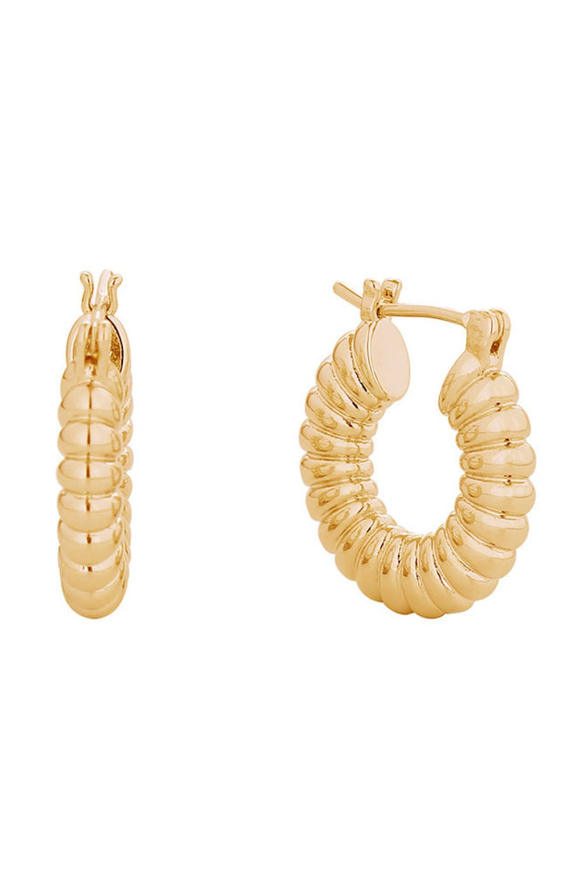 Gold Elevate your everyday look with these timeless 14K Gold and White Gold dipped ridged hoop pincatch earrings. Crafted from hypoallergenic brass, they're gentle on sensitive skin while delivering a luxurious finish. The delicate 1.7cm design offers understated elegance that works for any occasion. Lead and nickel compliant for peace of mind. Expertly made in Korea.