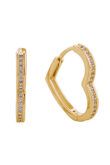 Gold Elegant huggie earrings featuring a sleek heart design adorned with sparkling cubic zirconia pavé detailing. Crafted from brass with 14K gold or white gold dipping for a luxurious finish. These hypoallergenic earrings are perfect for sensitive ears and comply with lead and nickel safety standards. Measuring 1.8cm in diameter, they offer a delicate yet eye-catching look suitable for everyday wear or special occasions. Expertly made in Korea with attention to quality craftsmanship.