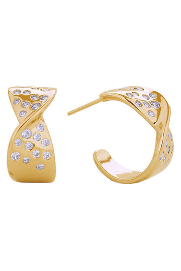 Gold Celestial elegance meets everyday wear with these 14K Gold/White Gold dipped Starry Night Hoop Earrings. Crafted from quality brass and adorned with sparkling cubic zirconia, these 2.3cm hoops capture the magic of a starlit sky. Hypoallergenic and lead and nickel compliant, they're gentle on sensitive skin while maintaining their lustrous finish. Expertly made in Korea, these versatile earrings transition seamlessly from day to night, adding a touch of cosmic charm to any look.