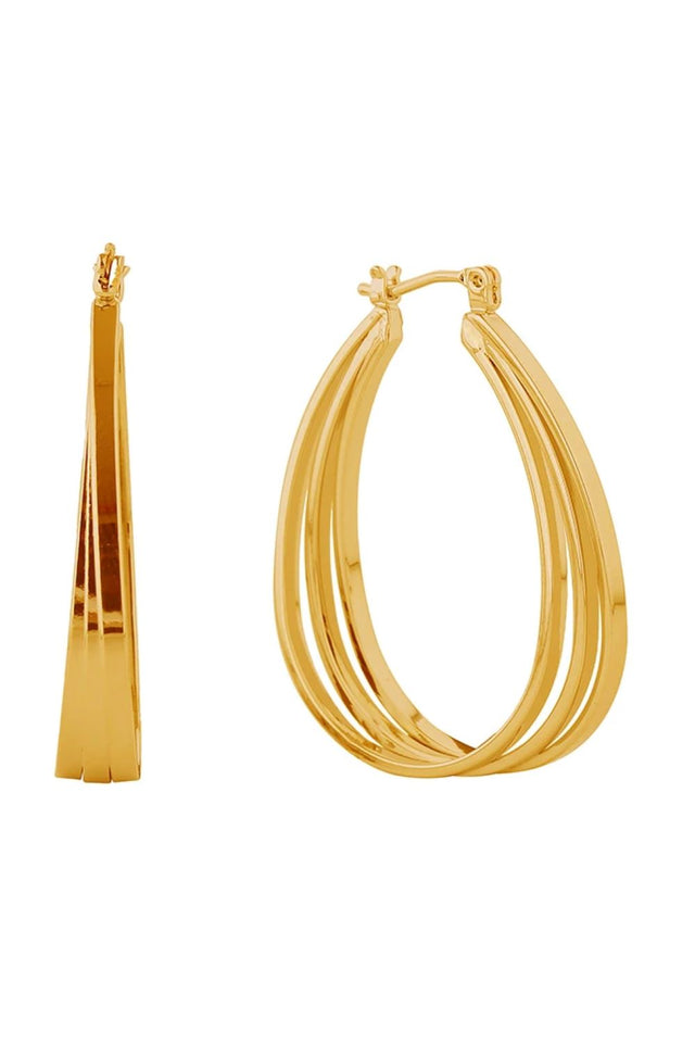 Gold Elevate your everyday look with these stunning 14K Gold/White Gold dipped triple oval hoop pincatch earrings. Crafted from hypoallergenic brass and made in Korea, these earrings combine elegance with comfort for all-day wear. Featuring three interlocking oval hoops with a 4cm diameter, they offer a modern geometric design that works beautifully with any style. 