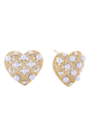 Gold Elegant heart-shaped post earrings featuring a delicate woven design with cubic zirconia and pearl accents. Crafted from hypoallergenic brass with 14K gold and white gold dipping for a luxurious finish. Each earring measures 1.8cm in diameter, perfect for everyday wear or special occasions. Lead and nickel compliant for sensitive skin. Expertly made in Korea.