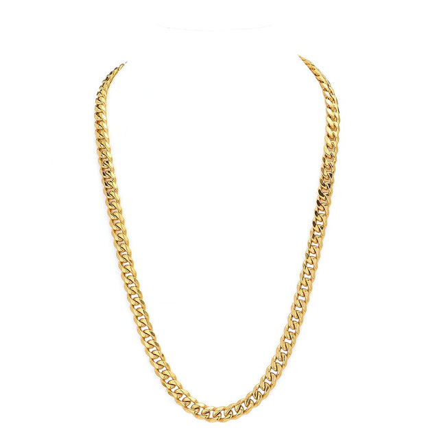 Gold 18K Gold Dipped Stainless Steel 30 Inch 8mm 6 Diamond Cut Cuban Chain Necklace features a sleek and modern design, with a 30 inch length and 8mm thickness. The diamond cut adds a touch of sparkle, making it perfect for any occasion. Made with quality materials, this necklace offers both durability and style. 