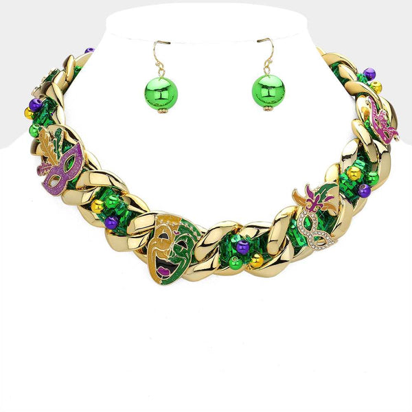 Enamel Mardi Gras Charm Embellished Sequin Strap Braided Chain Necklace is a vibrant and unique accessory. The enamel charm and sequin strap bring a touch of sparkle, while the braided chain provides a sturdy yet stylish foundation. Perfect for Mardi Gras celebrations or any fun-filled event. 